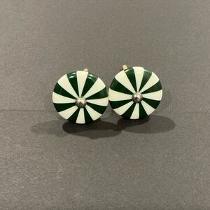Vintage Green & White Striped Ceramic Drawer Knobs Cabinet Hardware Set of 2